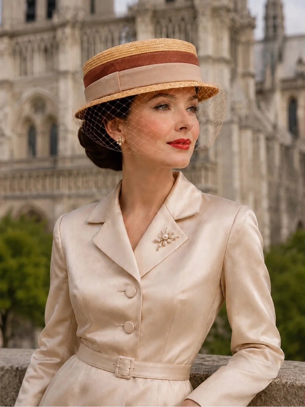 Vintage 1950s-1960s Straw Pillbox Hat With Birdcage Veil Beige Brown Satin Trim - Picture 5 of 5